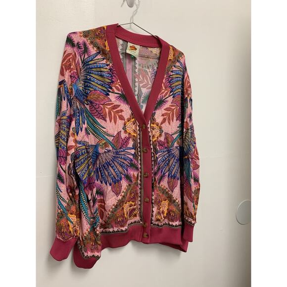Farm Rio Pink Macaw Scarf Print Cardigan Button Front Rayon Women's XL - Picture 3 of 6